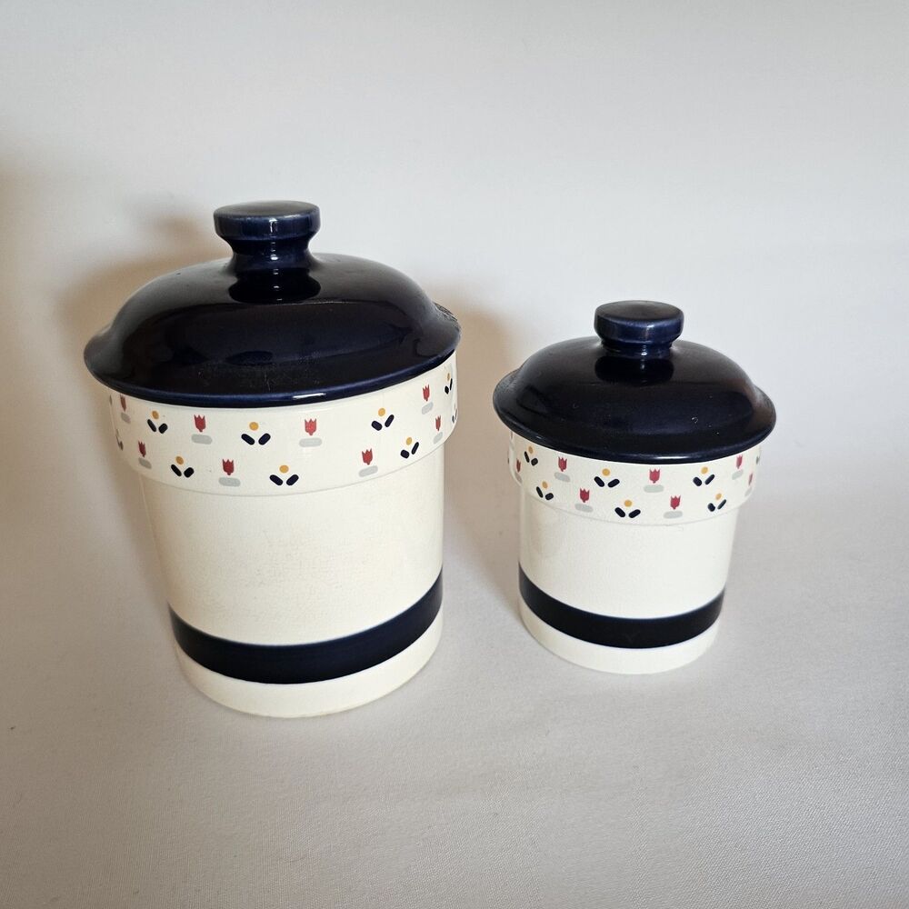 Vtg 1983 Sango Country Borders Nesting Canisters Colbalt Blue w/Tulip Design